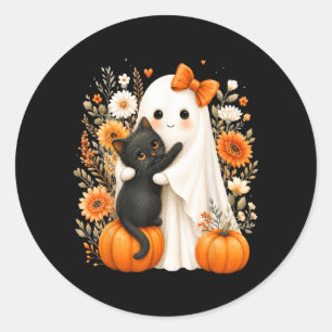 Halloween Cute Ghost Black Cat Pumpkin Floral Classic Round Sticker