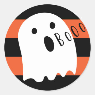 Halloween Cute Ghost Boo Orange and Black Stripe Classic Round Sticker