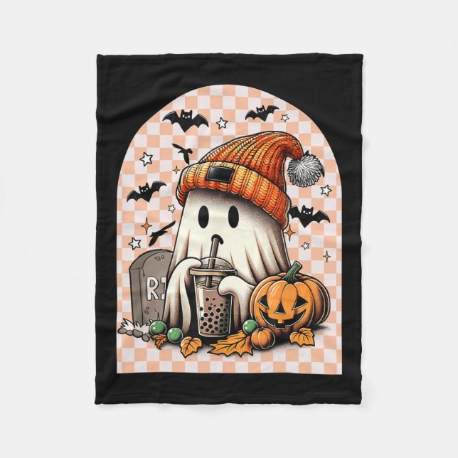 Halloween Cute Ghost Drinking Coffee Pumpkin Check Fleece Blanket (Front)