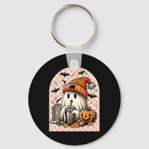 Halloween Cute Ghost Drinking Coffee Pumpkin Check Keychain