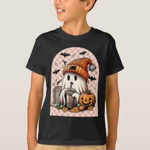 Halloween Cute Ghost Drinking Coffee Pumpkin Check T-Shirt