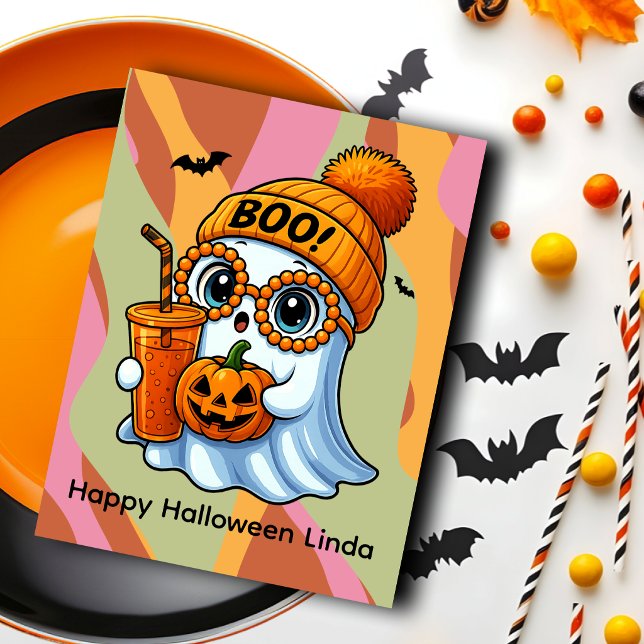 Halloween Cute Ghost Fall Pink Orange Postcard (Creator Uploaded)