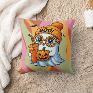 Halloween Cute Ghost Fall Pink Orange Throw Pillow
