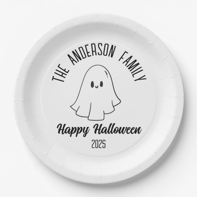 Halloween Cute Ghost Personalized Name Year Paper Plate (Front)