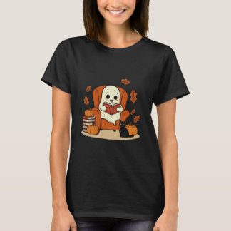 Halloween Cute Ghost Reading Book Cat Pumpkins Tea T-Shirt