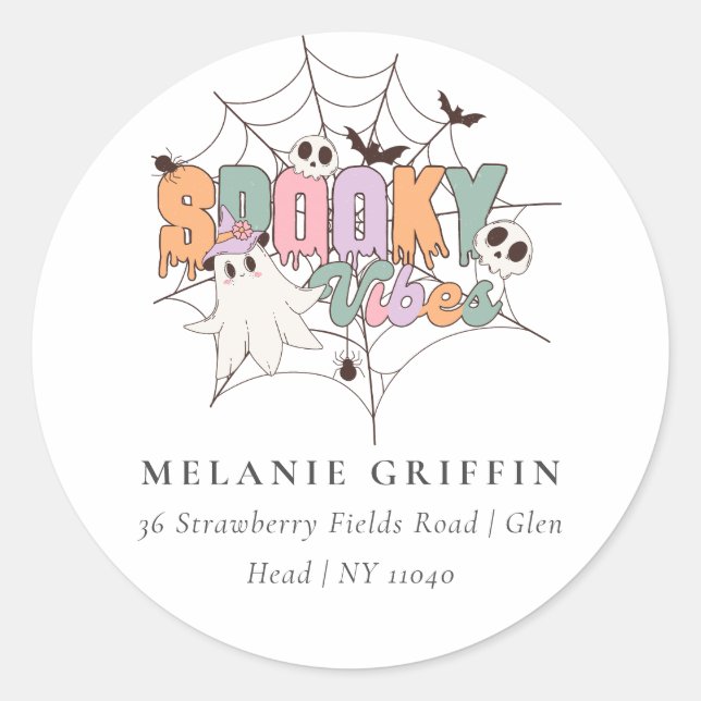 Halloween Cute Ghost Spooky Vibes Address  Classic Round Sticker (Front)