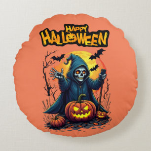 Halloween: Cute Ghosts and Pumpkin Family Round Pillow