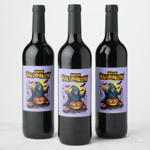Halloween: Cute Ghosts and Pumpkin Family Wine Label