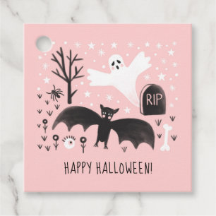 Halloween Cute Ghosts Bat Black Pink Illustration Favour Tags
