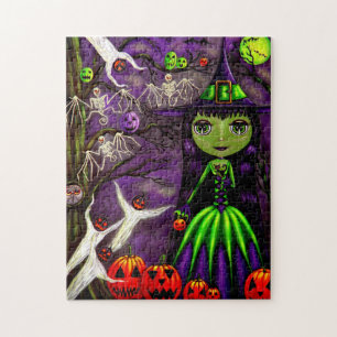 Halloween Cute Green Witch Big Eyes Jigsaw Puzzle