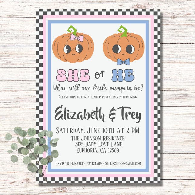 Halloween Cute Groovy Pumpkin Gender Reveal Invitation (Cute Pumpkin Gender Reveal Invitation)