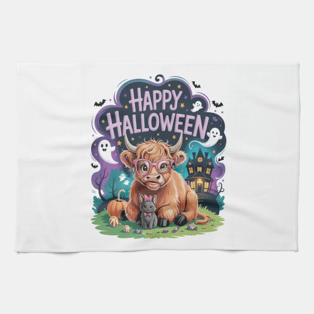 Halloween Cute Highland Cow (2) Kitchen Towel (Horizontal)