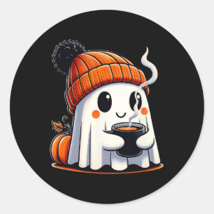 Halloween Cute Kawaii Ghost Drinking Coffee Women  Classic Round Sticker