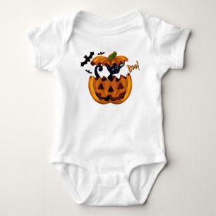 Halloween Cute Kitty in Pumpkin with Bats Baby Bodysuit