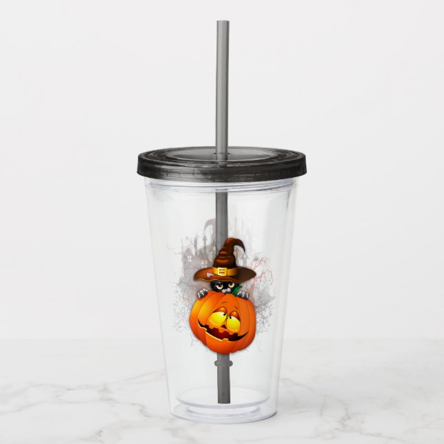 Halloween Cute Kitty Witch and Pumpkin Friend  Acrylic Tumbler (Front)