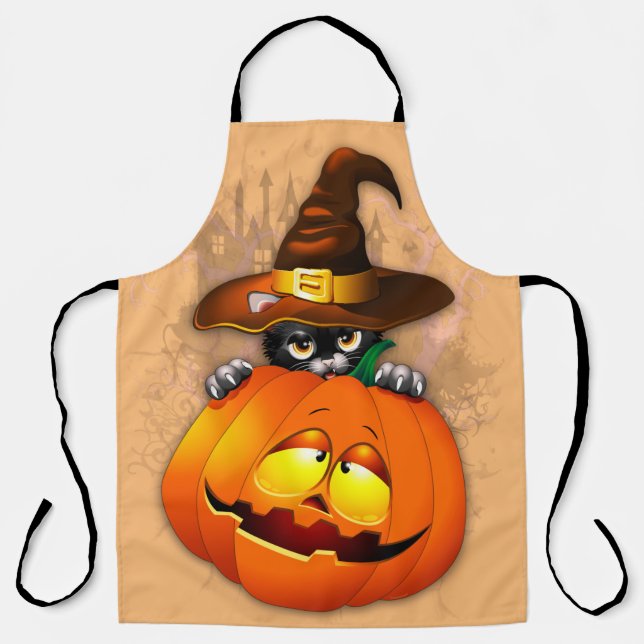 Halloween Cute Kitty Witch and Pumpkin Friend  Apron (Front)