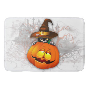 Halloween Cute Kitty Witch and Pumpkin Friend  Bath Mat