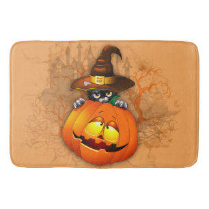 Halloween Cute Kitty Witch and Pumpkin Friend  Bath Mat