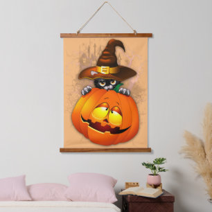 Halloween Cute Kitty Witch and Pumpkin Friend Hanging Tapestry