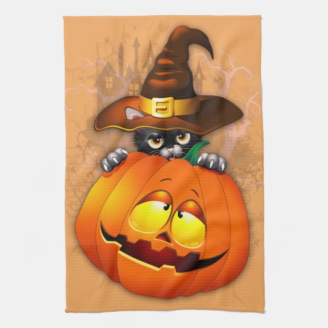 Halloween Cute Kitty Witch and Pumpkin Friend  Kitchen Towel (Vertical)