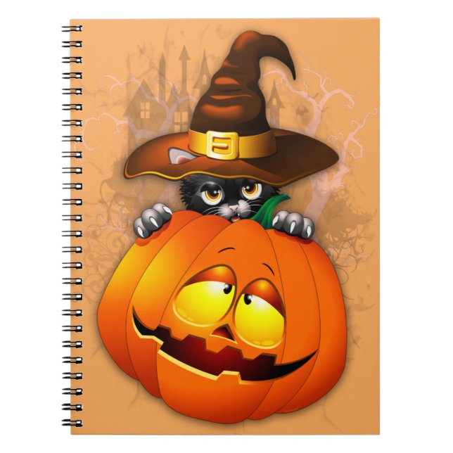 Halloween Cute Kitty Witch and Pumpkin Friend   Notebook (Front)