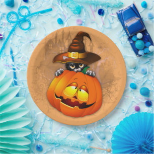 Halloween Cute Kitty Witch and Pumpkin Friend Paper Plate