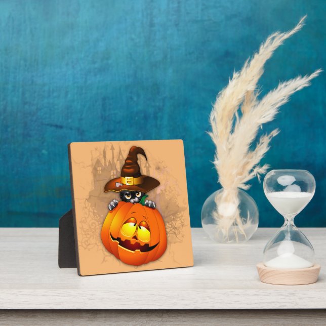 Halloween Cute Kitty Witch and Pumpkin Friend  Plaque (Insitu)