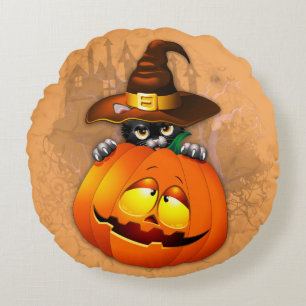 Halloween Cute Kitty Witch and Pumpkin Friend  Round Pillow