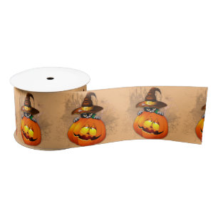 Halloween Cute Kitty Witch and Pumpkin Friend Satin Ribbon
