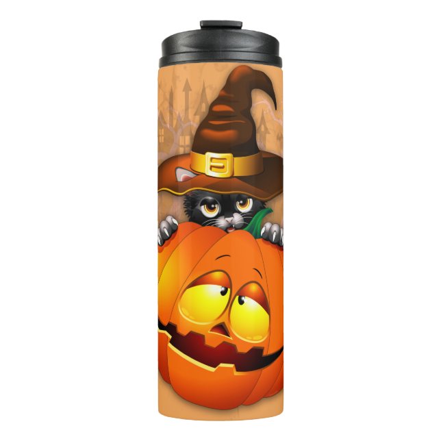 Halloween Cute Kitty Witch and Pumpkin Friend  Thermal Tumbler (Front)