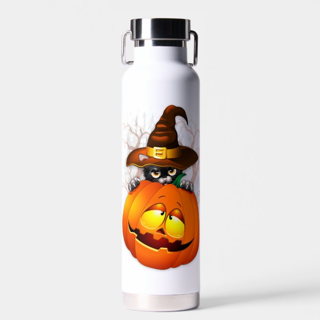 Halloween Cute Kitty Witch and Pumpkin Friend  Water Bottle (Front)