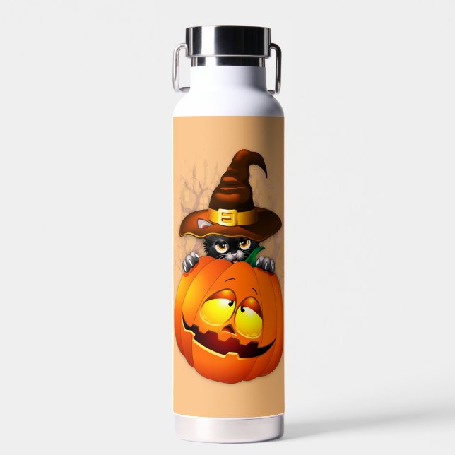 Halloween Cute Kitty Witch and Pumpkin Friend  Water Bottle (Front)