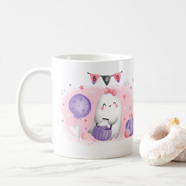 Halloween Cute Little Boo Pink Coffee Mug (With Donut)