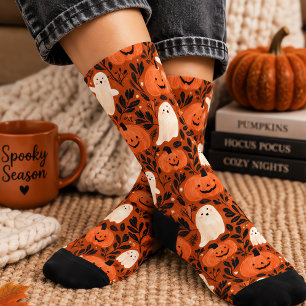 Halloween Cute Orange Pumpkin and Ghost Socks