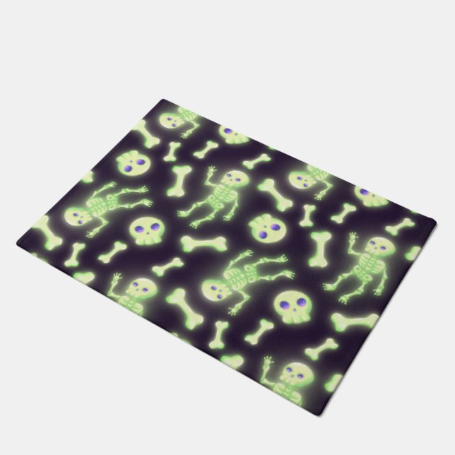 Halloween Cute Spooky Glowing Skeleton Bones Skull Doormat (Angled)