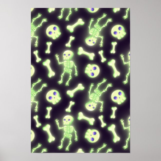 Halloween Cute Spooky Glowing Skeleton Bones Skull Poster (Front)