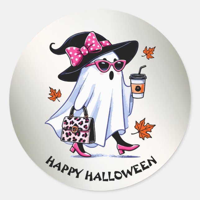 Halloween Cute Stylish Witch Ghost Coffee Cup Classic Round Sticker (Front)