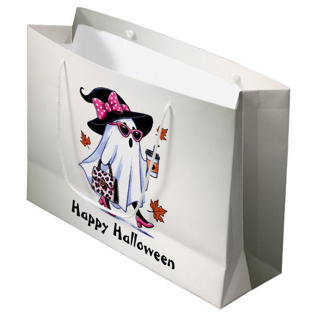 Halloween Cute Stylish Witch Ghost Coffee Cup Large Gift Bag (Front Angled)