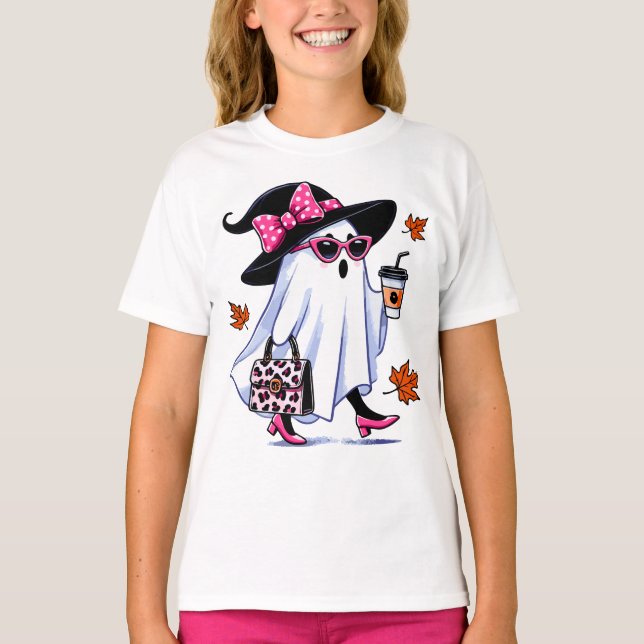 Halloween Cute Stylish Witch Ghost Coffee Cup T-Shirt (Front)