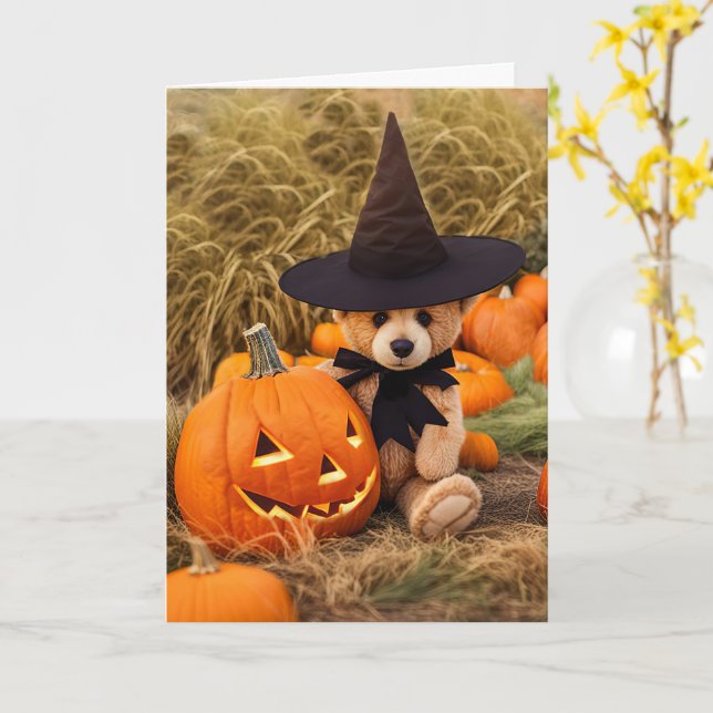 Halloween Cute Teddy Bear and Jack O Lantern  Card (Yellow Flower)