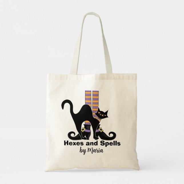 Halloween Cute Trick Or Treat Whimsical Black Cat Tote Bag (Back)