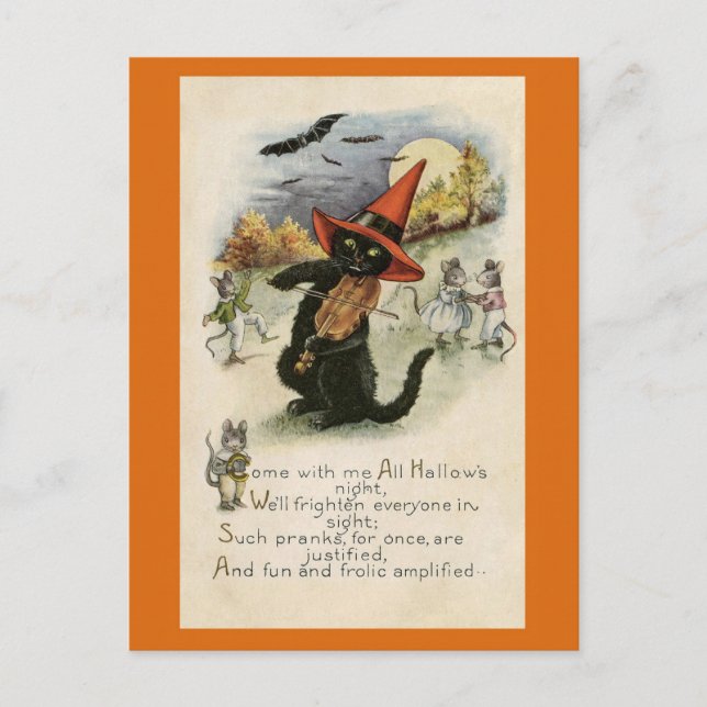 Halloween Cute Vintage Black Cat Mouse Poem Postcard (Front)