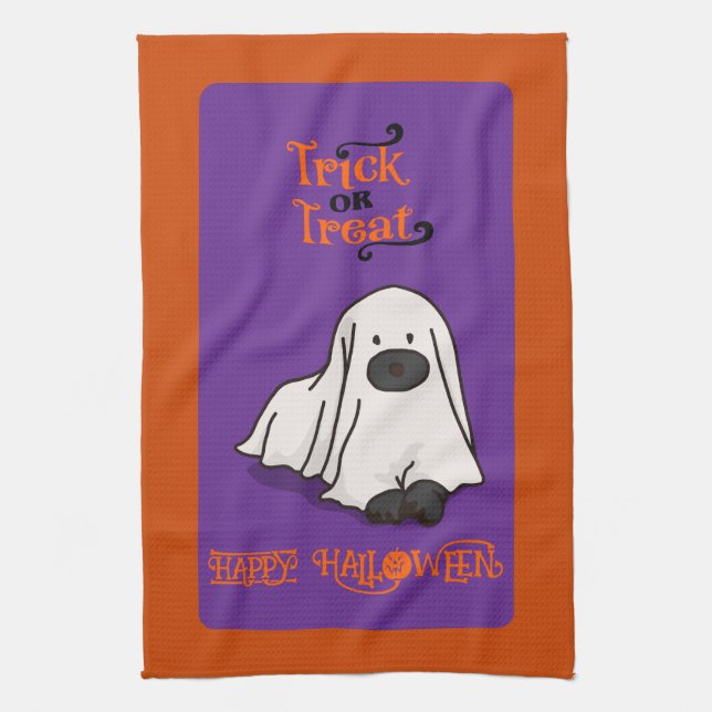 Halloween Cute Whimsical Ghost Dog  Kitchen Towel (Vertical)