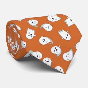 Halloween Cute White Ghosts on Orange Pattern Tie