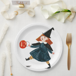 Halloween cute witch girl classic round sticker paper plate