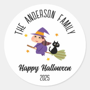 Halloween Cute Witch on a Broom Personalized Name Classic Round Sticker