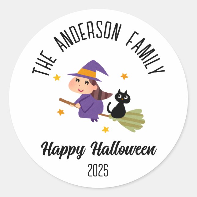 Halloween Cute Witch on a Broom Personalized Name Classic Round Sticker (Front)
