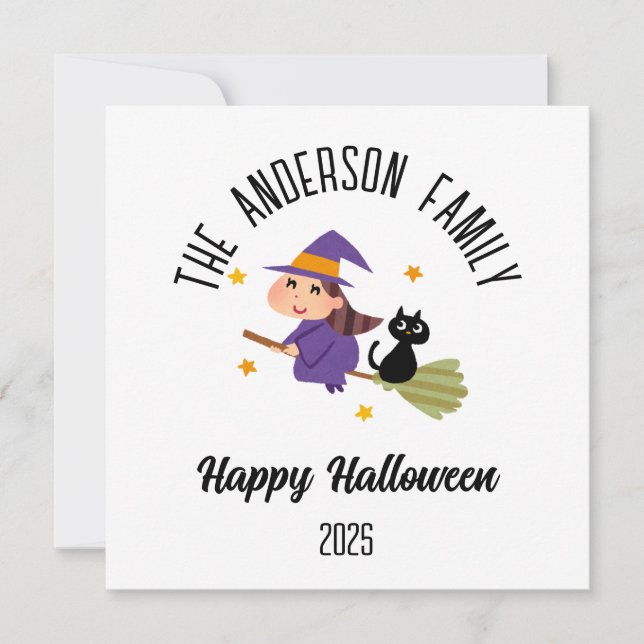Halloween Cute Witch on a Broom Personalized Name Holiday Card (Front)