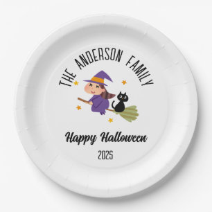 Halloween Cute Witch on a Broom Personalized Name Paper Plate