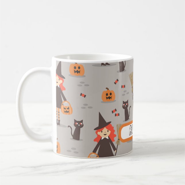 Halloween Cute Witch, Pumpkin, Black Cat Coffee Mug (Left)